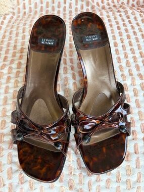 Stuart Weitzman Tortoiseshell Gloss Bow Slide kitten heel Sandals